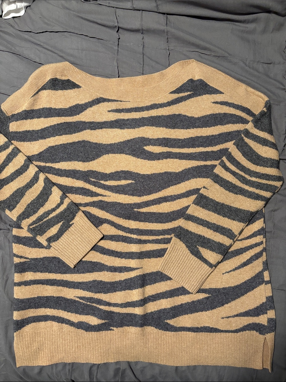 LOFT Zebra-Print Crewneck Sweater in Tan & Charcoal